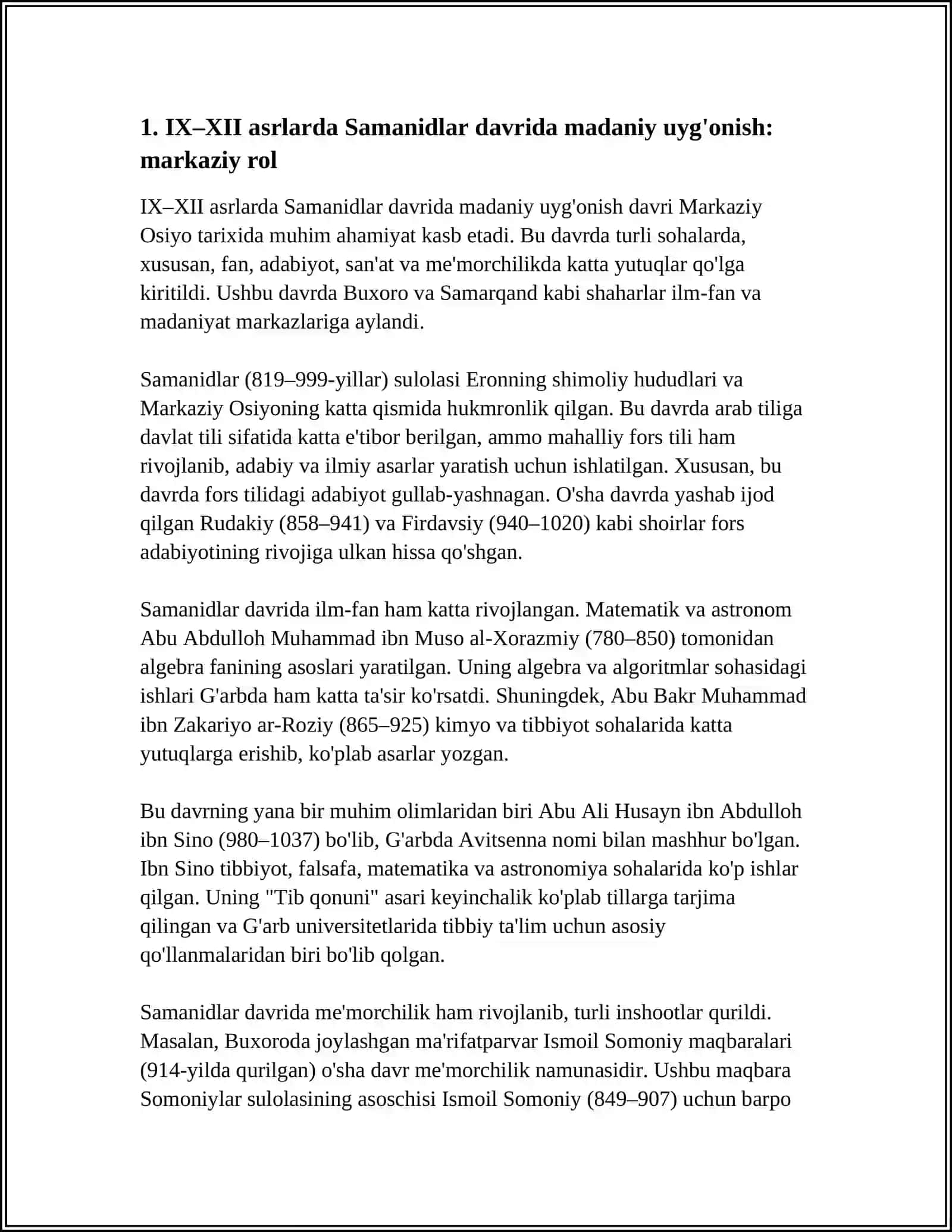 IX-XII- ASRLARDA MAMLAKATIMIZ HUDUDIDA ROY BERGAN MADANIY UYG'ONISH. VUYUK ALLOMALARNI JAHON SIVILIZATSIYASIGA QO'SHGAN HISSASI 4