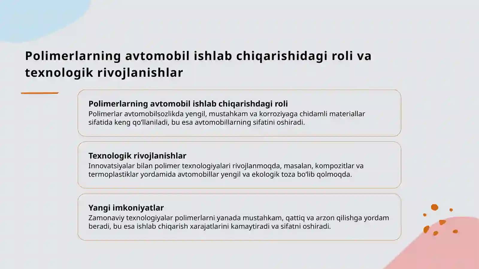 Aftomobil sanoatida polimer kompazitsion materiallardan foydalanish mavzusida slayd 4