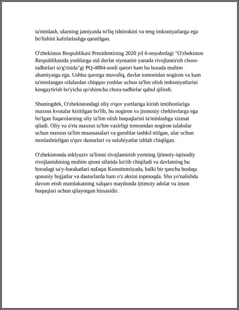 O'ZBEKISTONDA INKLYUZIV TALIMNING MEYORIY HUQUQIY BAZASINI TAHLIL QILISH 4