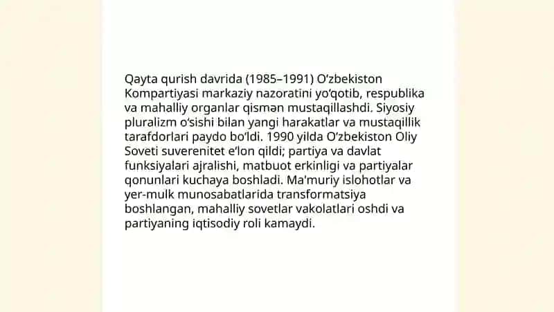 Qayta qurish yillarida O'zbekistondagi ijtimoiy-siyosiy vaziyat 4