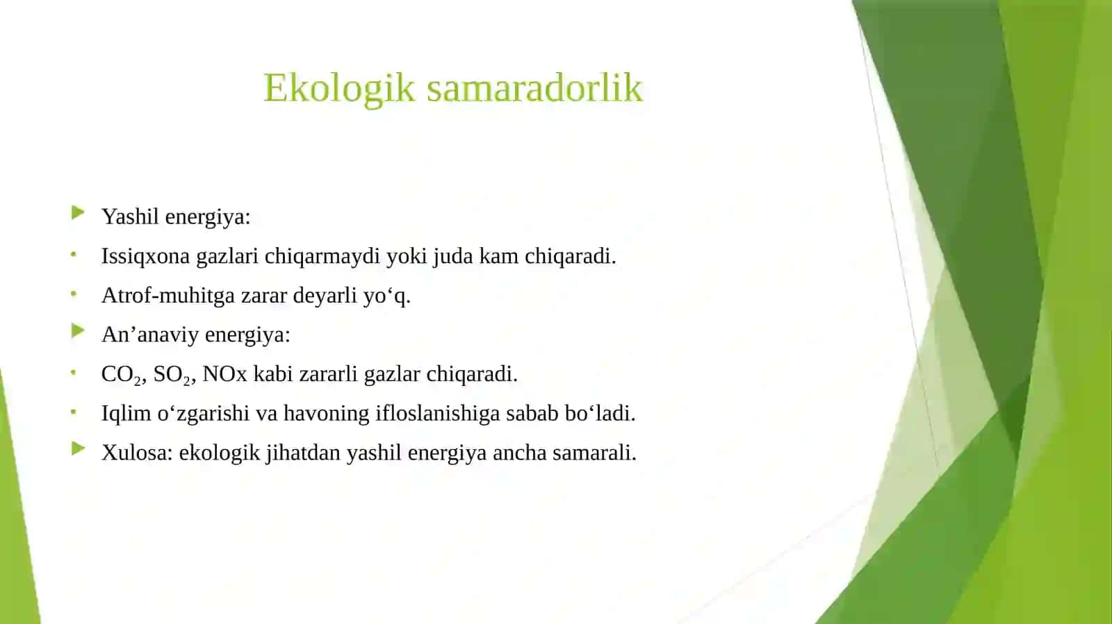 Yashil energiyani anʼanaviy energiyaga nisbatan samaradorligini aniqlash 4