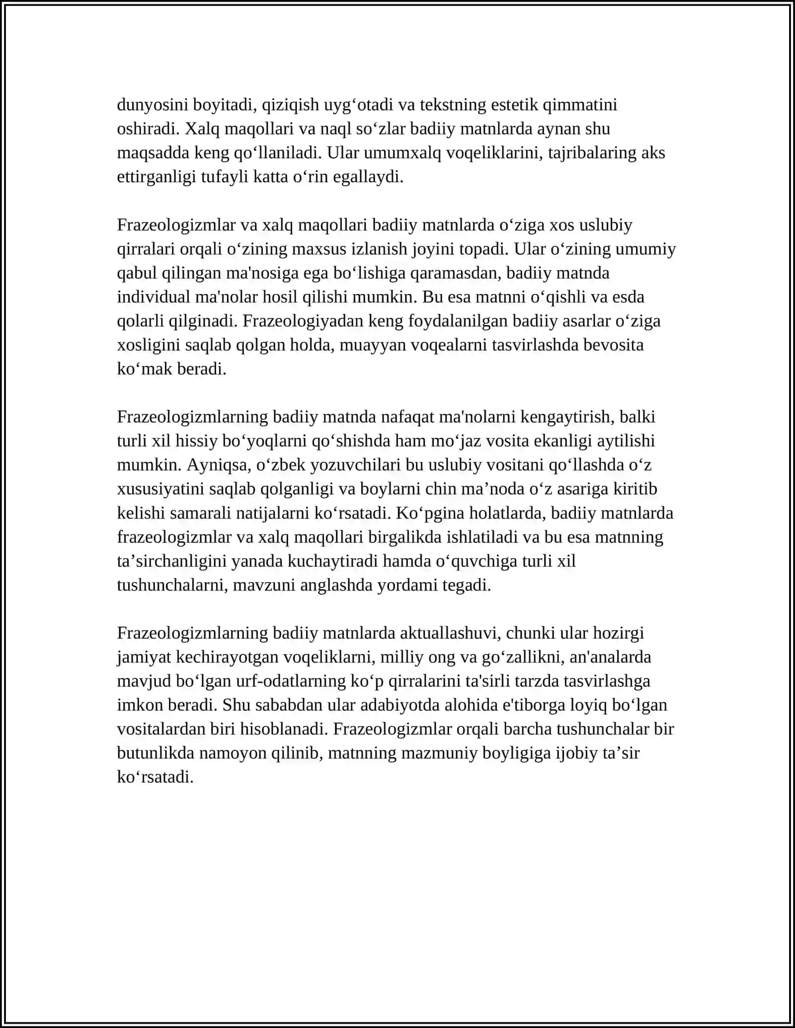 FRAZEOLOGIZMLARNING BADIIY MATNDA AKTUALLASHUVI.XALQ MAQOLLARINING BADIIY MATNDAGI USLUBIY QIRRALARI 4