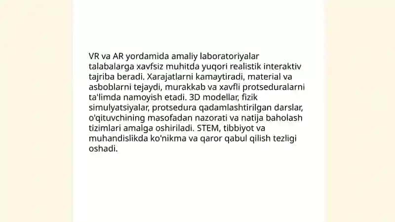 Virtual va kengaytirilgan reallik texnalogiyalarining taʼlimda qoʻllanilishi 4