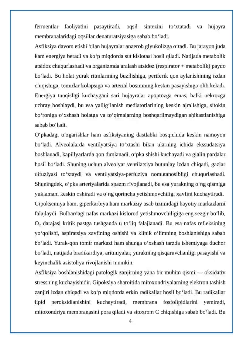 Asfiksiyaning patologik jarayon rivojlanishidagi roli 4