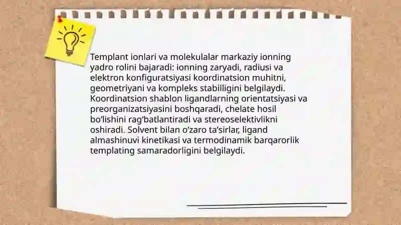 Templant sintez mohiyati. Erituvchi tabiati va kompleks birikmalarning eruvchanligi 4