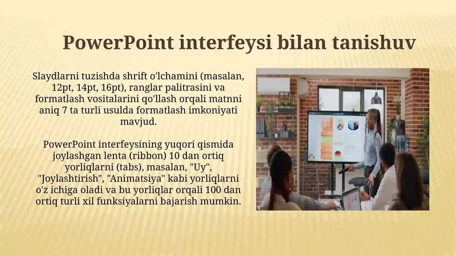 MS Power Pointning dasturiy taminoti va uning imkonyatlari. Prezintatsiya tayorlash usullari 4