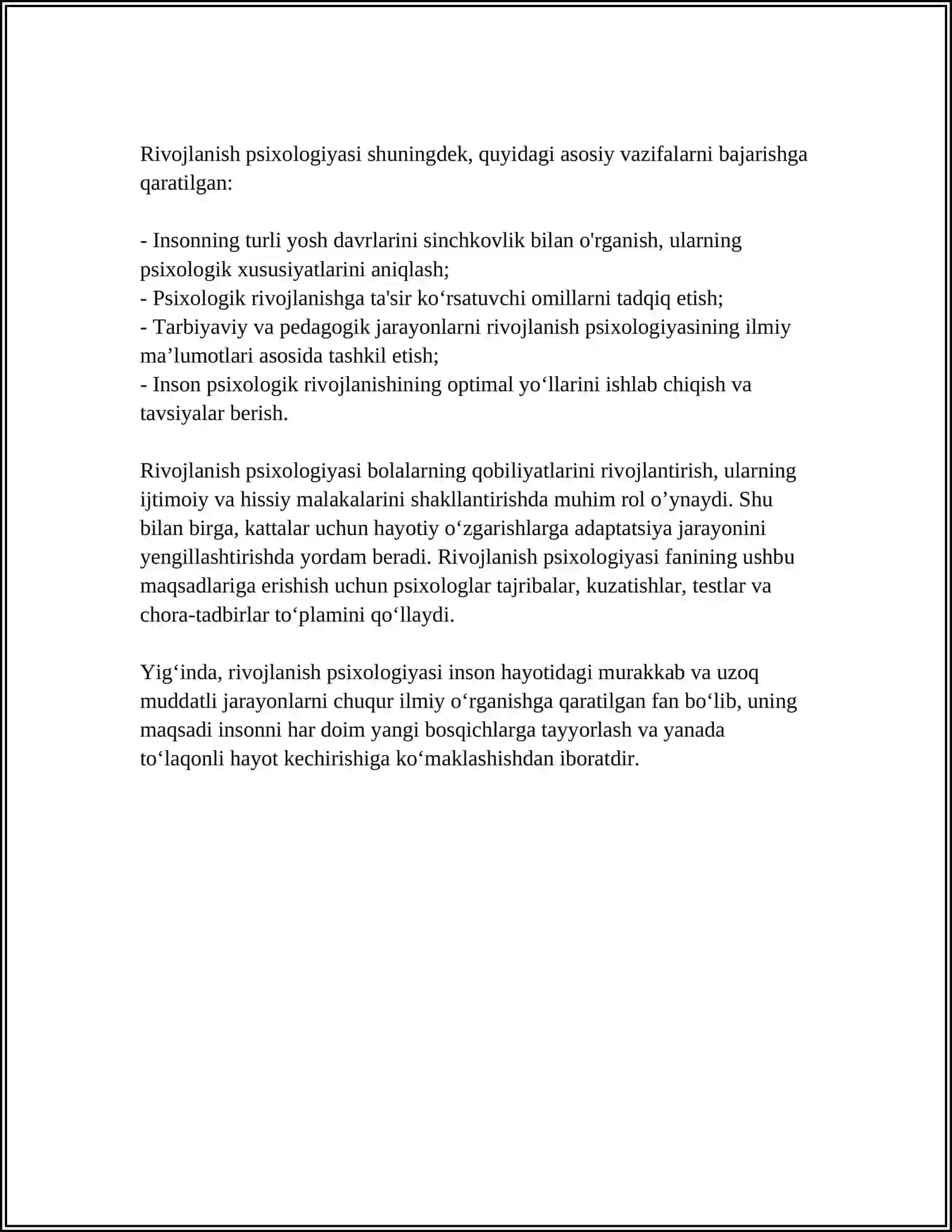 RIVOJLANISH PSIXOLOGIYASI FANLARINING PREDMETI, MAQSAD VA VAZIFALARI 4