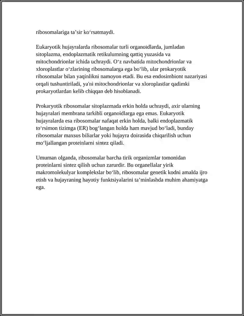 HUJAYRA ORGANOIDLARI: RIBASOMA, PRATEOSOMA MITAXONDRIYA 4