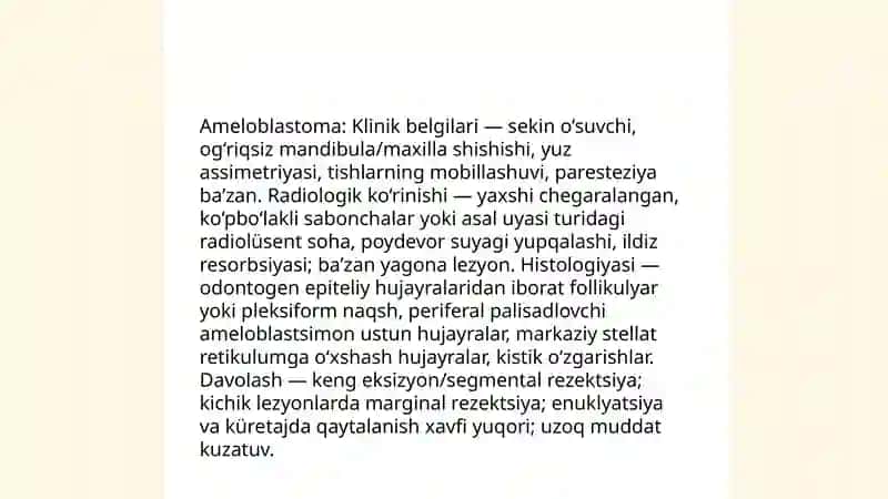 YUz jаg’ sоhаsini хаvfsiz o’smаsimоn hоsilаlаri vа o’smаlаri. Tаsnifi, klinikаsi, tаshхisi vа dаvоlаsh. 11. YUz jаg’ sоhаsini хаvfli o’smаlаri. TNM tаsnifi, klinikаsi, tаshхisi vа dаvоlаsh 4