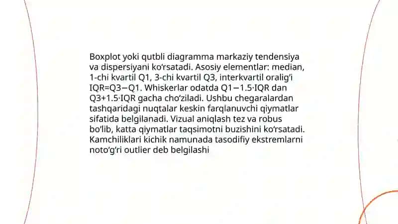 Keskin farqlanuvchi qiymatlarini statistik toʻplamdan chiqarib tashlash usullari 4