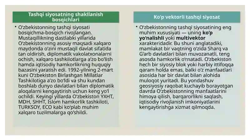O'zbekistonning xorijiy mamlakatlar bilan hamkorlik aloqalari 4