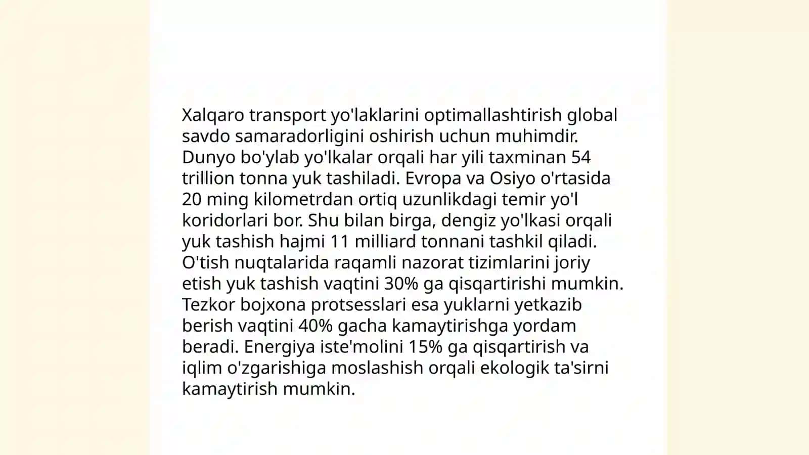 O'zbekstannıń transport yo'laklari (yo'laklari). Transport yo'laklarini rivojlantirish bo'yicha xalqaro dasturlar 4