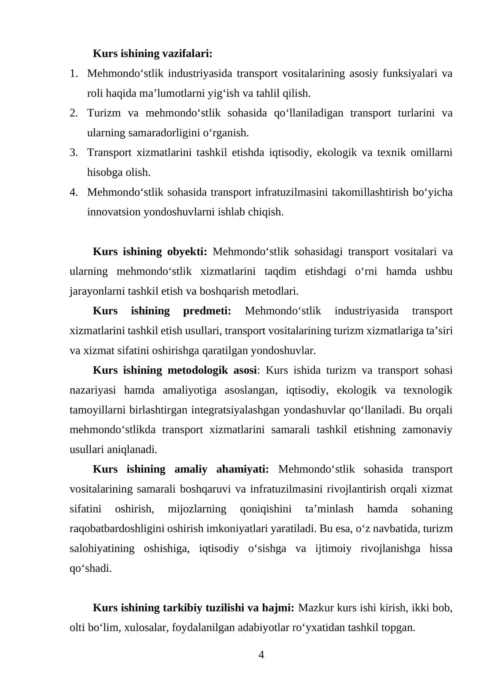 "MEHMONDOʻSTLIK INDUSTRIYASIDA TRANSPORT VOSITALARINING OʻRNI VA AHAMIYATI" MAVZUSIDA YOZGAN KURS ISHI 4