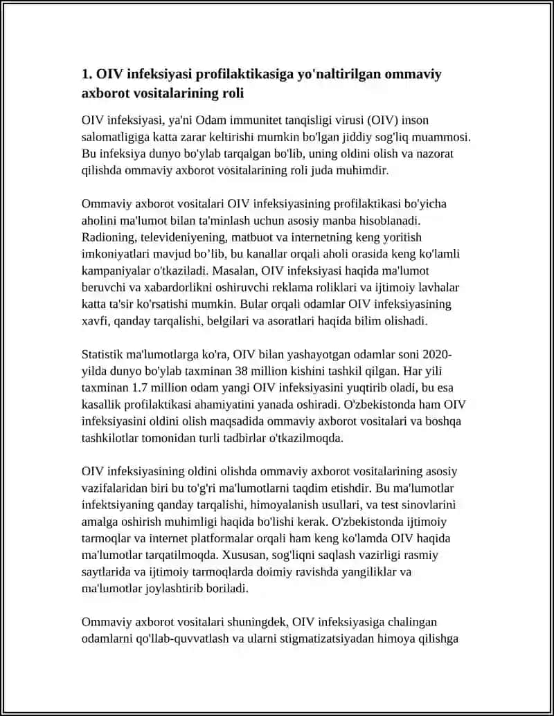 REFERAT Mavzu: AHOLI ORASIDA OIV INFEKTSIYASI TARQALISHINI OLDINI OLISHGA QARATILGAN PROFILAKTIK TADBIRLAR. OIV INFEKTSIYASI BILAN YASHOVCHI SHAXSLAR BILAN ISHLASHDA TIBBIY ETIKA VA DEONTOLOGIYAGA AMAL QILISH 4