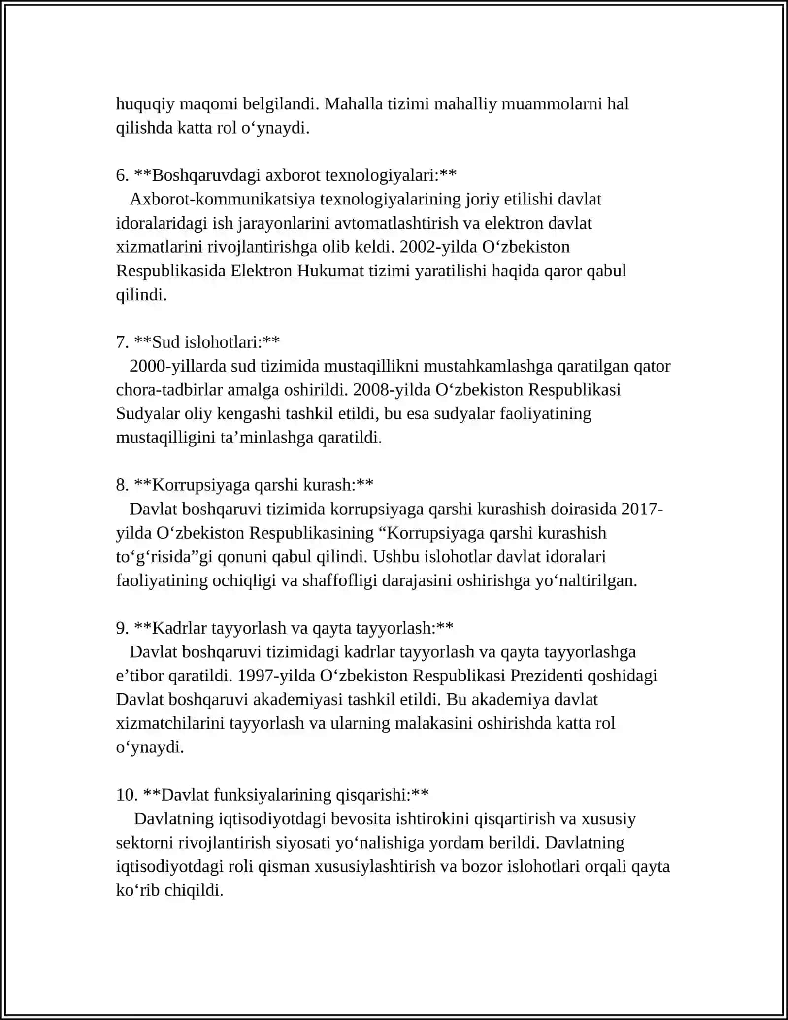 MUSTAQILLIK YILLARIDA DAVLAT BOSHQARUVI TIZIMIDA AMALGA 4 SOAT OSHIRILGAN IS/CHOTLAR 4