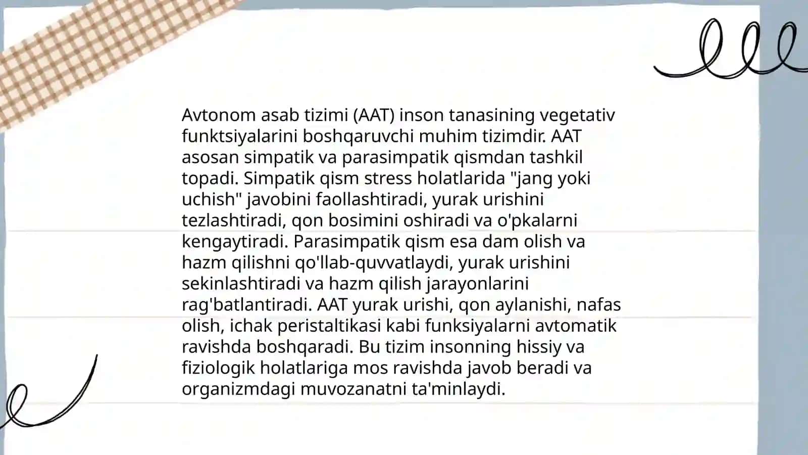 Vegetativ asab sistemasini oʻrganish.Avtonom asab tizimi,simpatik, paradimpatik va metasimpatik asab tizimi.Buyrak usti bezi magʻiz qavati fiziologiyasi 4