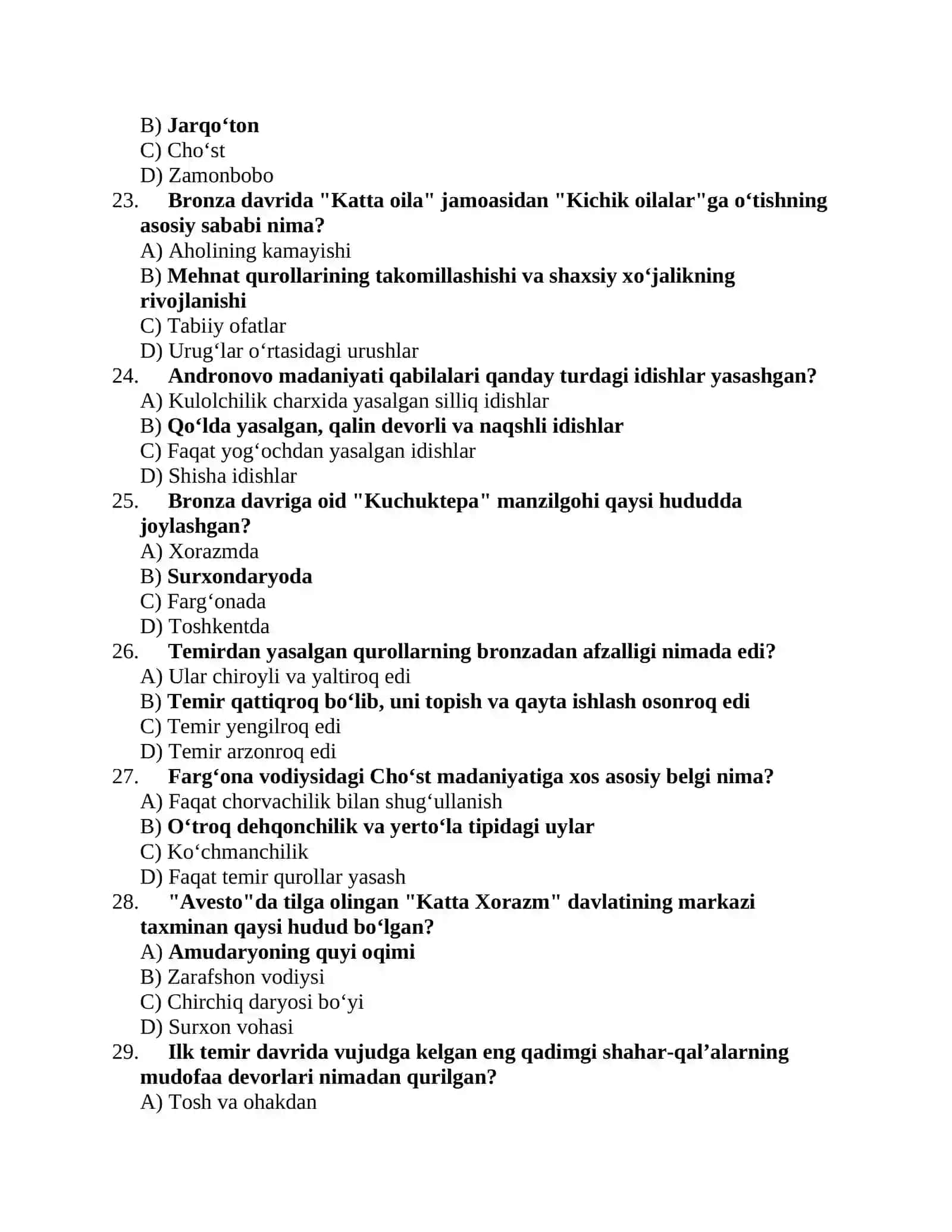 O‘zbekistonning eng qadimgi tarixi (Bronza va Temir davri) mavzusida 100 ta test 4