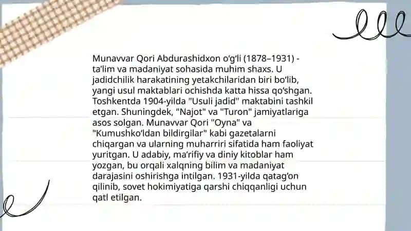 Jadid ma'rifatparlarning õlka ijtimoyi -ma'naviy hayotida tutgan õrni(Munavvar Qori,Fitrat,Behbudiy,Avloniy va boshq) 4