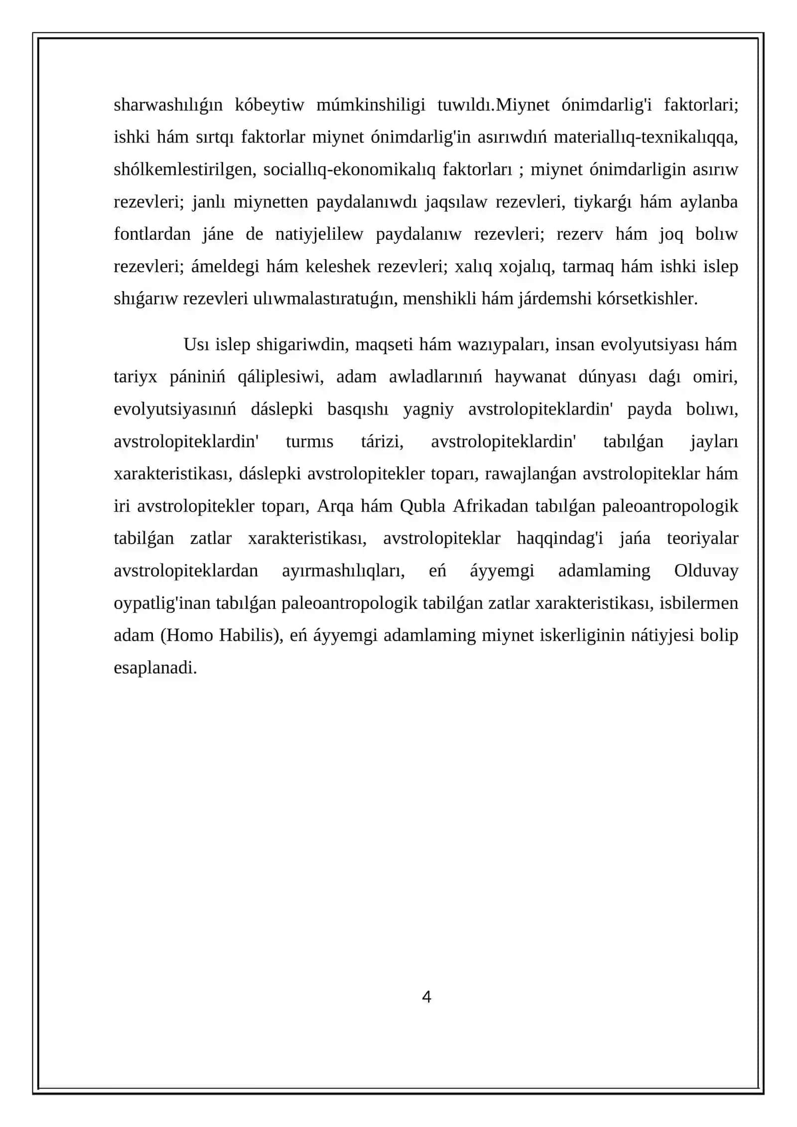 "Insan evolyuciyası hám aldınǵı tariyx" páninen KURS JUMÍSÍ 4