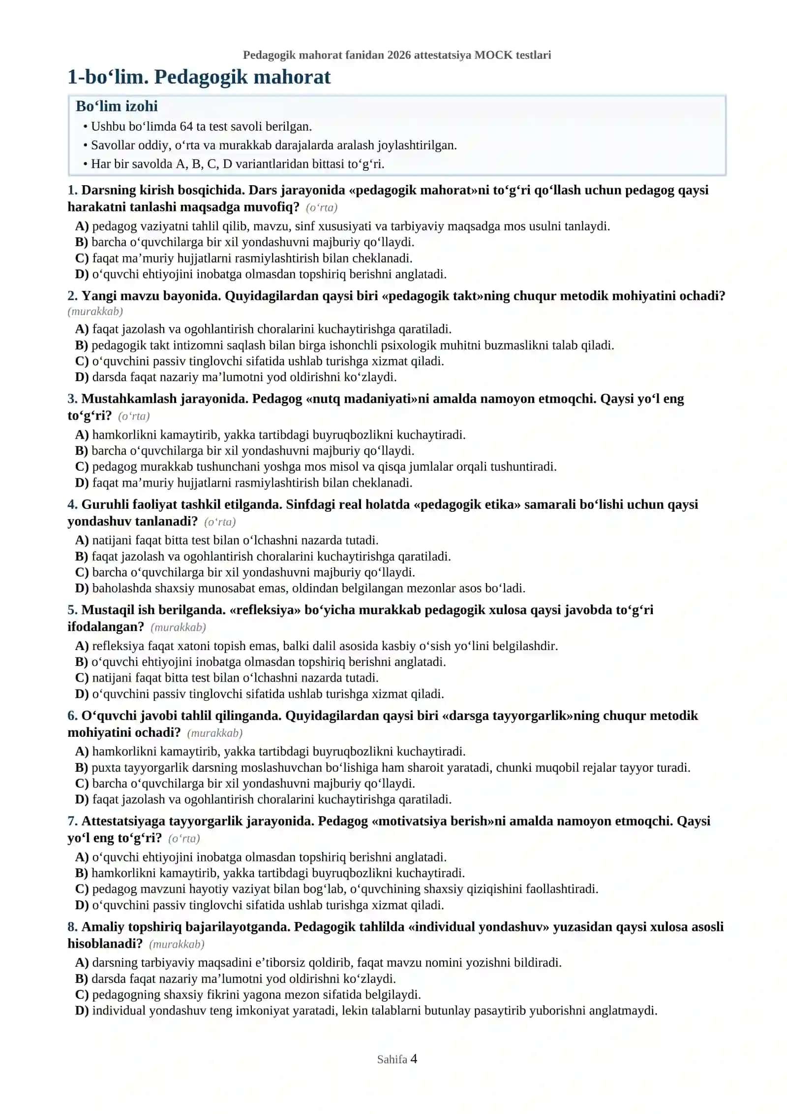 Pedagogik mahorat fanidan 2026 attestatsiya MOCK testlari 4