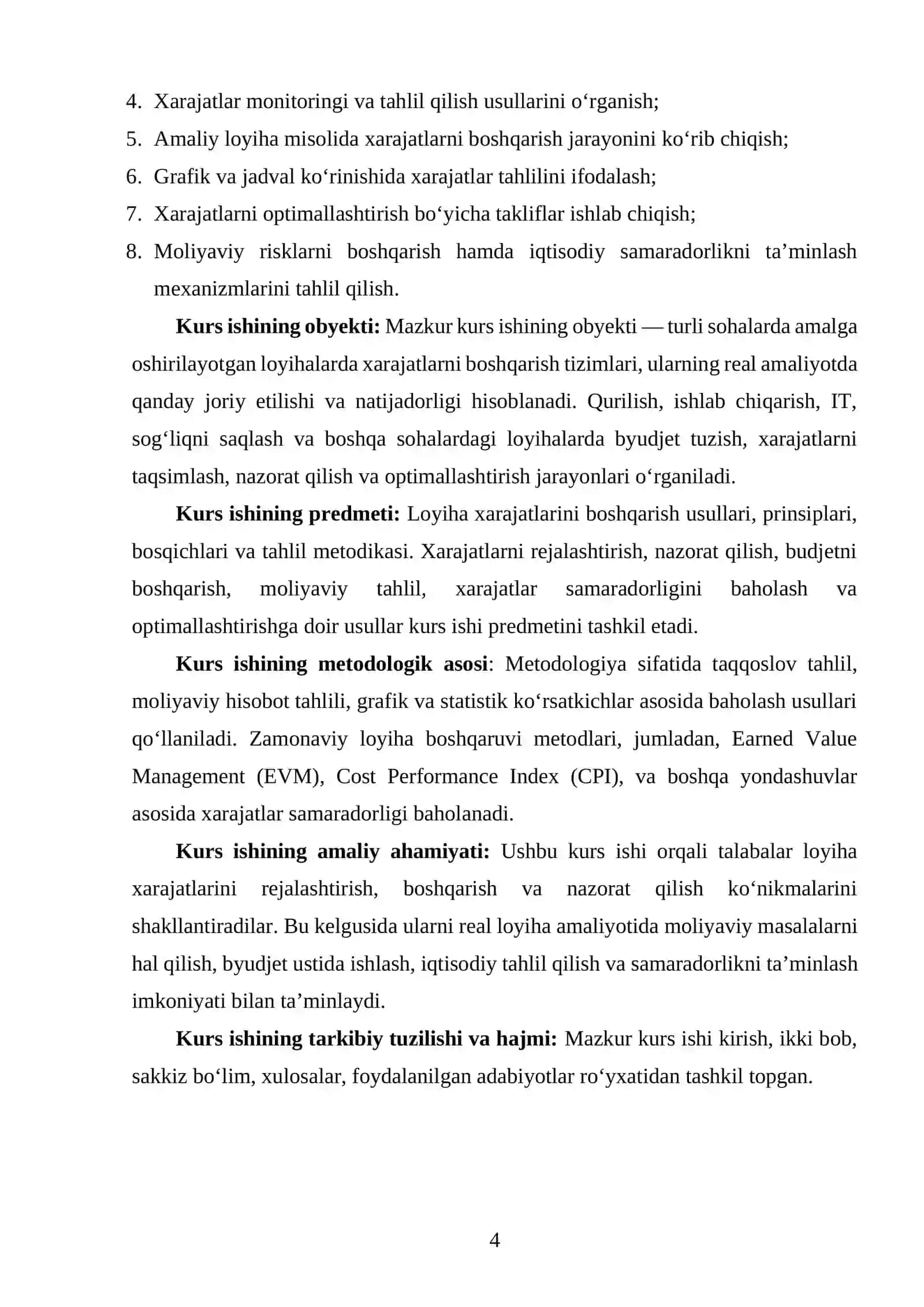 LOYIHA XARAJATLARINI BOSHQARISHNI TAHLIL QILISH 4