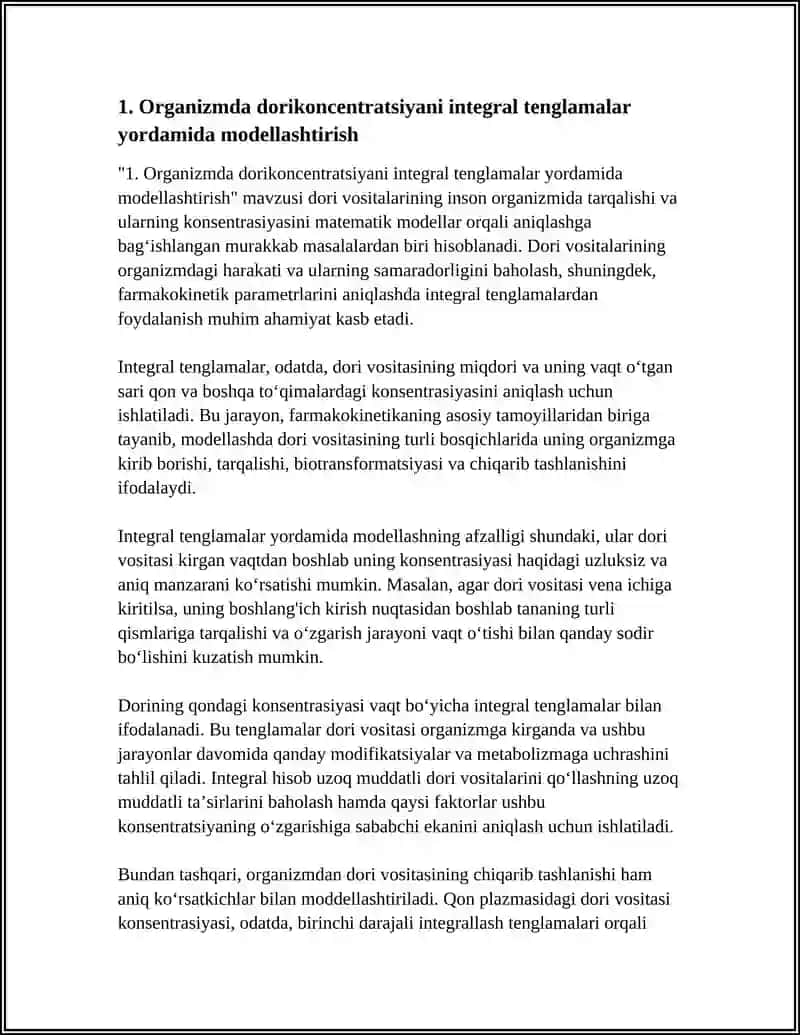 ORGANIZIMDAGI DORIKONSENTRATSIYASINI MODELLASHTIRISHDA INTEGRAL HISOB TADBIQLARI 4