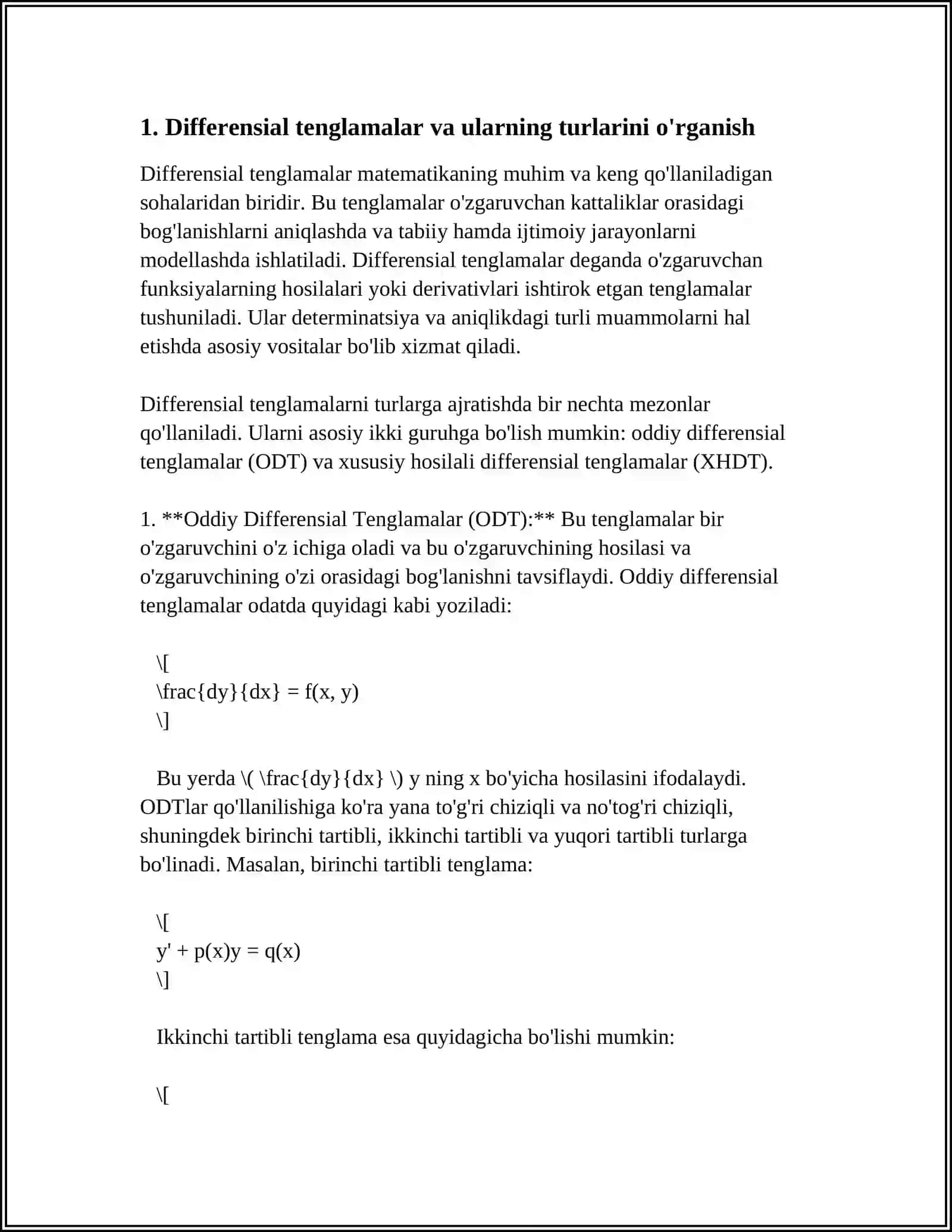 TIBBIY-BIOLOGIK MAZMUNDAGI DIFFERENSIAL TENGLAMALARNI TUZISH VA YECHISH 4