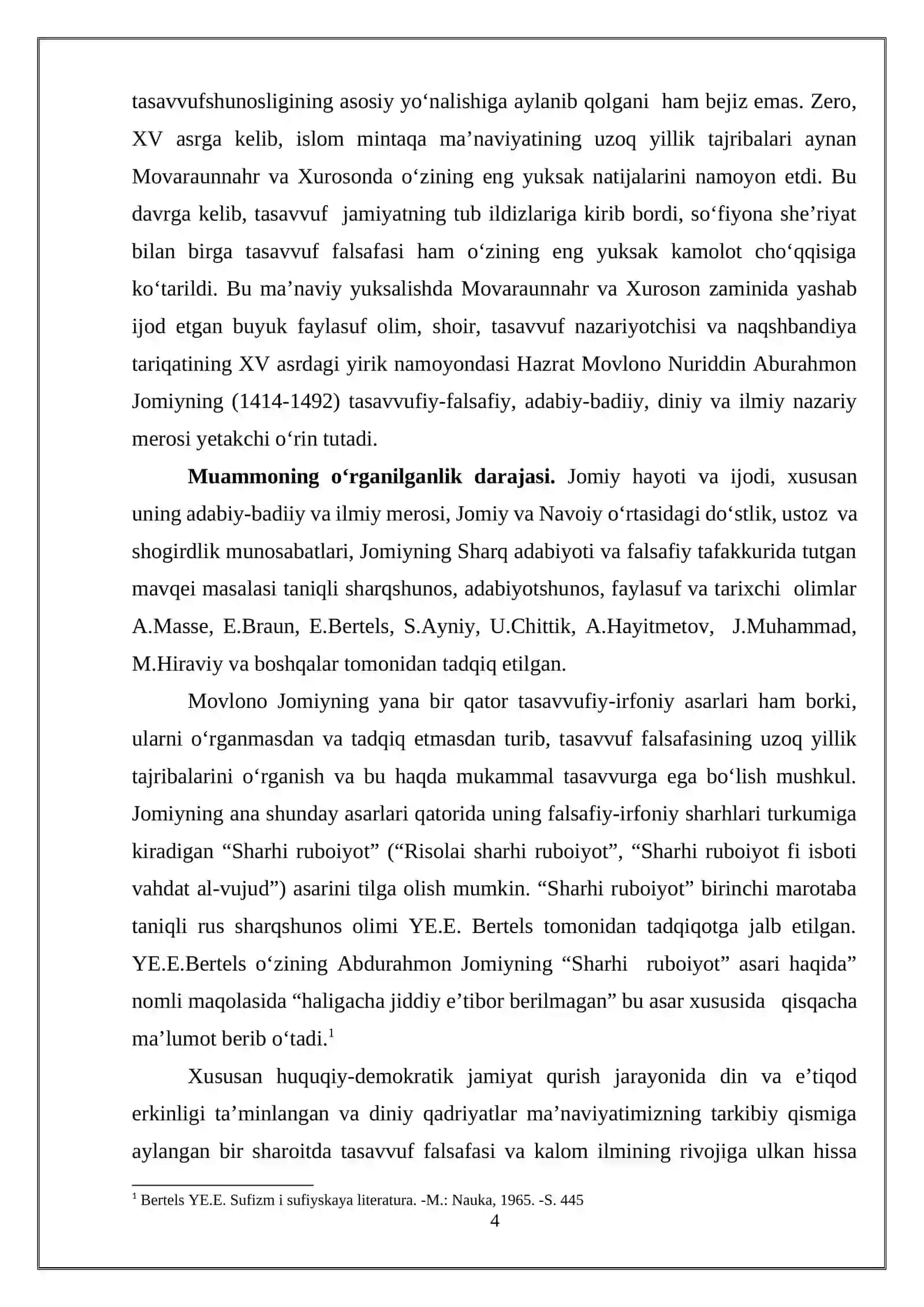 Abdurahmon Jomiyning “Sharhi ruboiyot”asarida tasavvufiy tushunchalarning yoritilishi Ushbu bitiruv malakaviy ishi Abdurahmon Jomiyning "Sharhi ruboiyot" asarida tasavvufiy tushunchalarning yoritilishini tahlil qiladi. Asarning ilmiy tavsifi va tasavvufiy asarlar silsilasidagi o'rni o'rganiladi 4