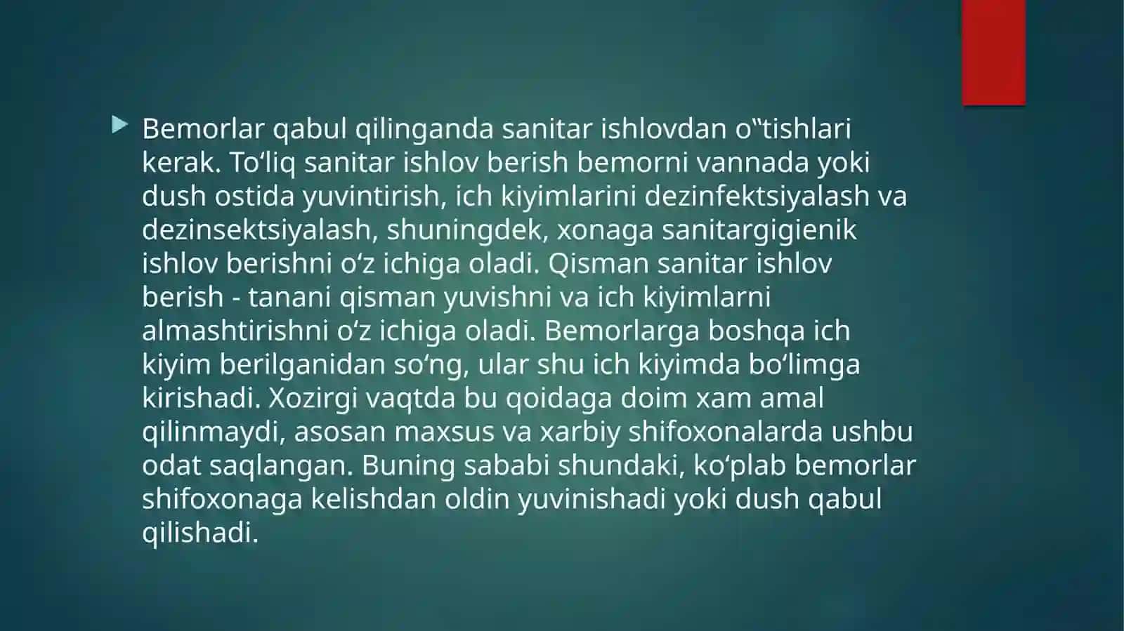 XIRURGIK BEMORLARNIQABUL Qilish. SANITAR ISHLOV Berish. SARALASH 4