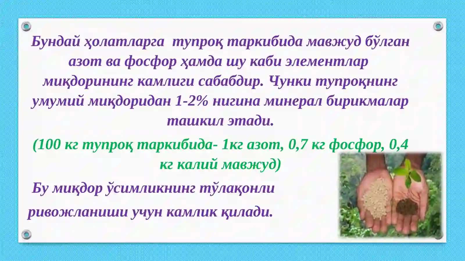 Mineral o'g'itlar mavzusiga oid tajribalar o'tkazish va masalalar yechesh. 4