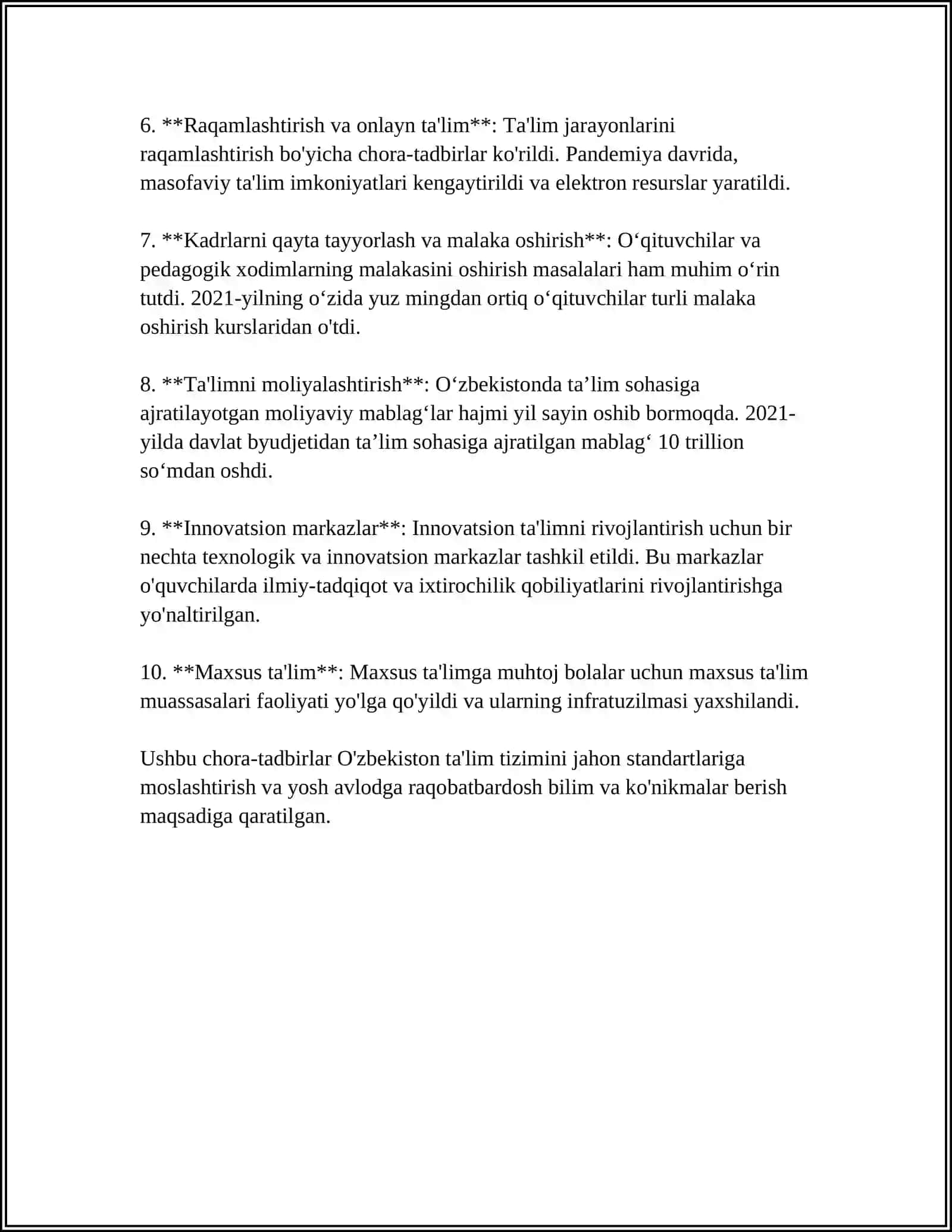 YANGI O'ZBEKISTONDA AMALGA OSHIRILAYOTGAN MANAVIY O'ZGARISHLAR 4