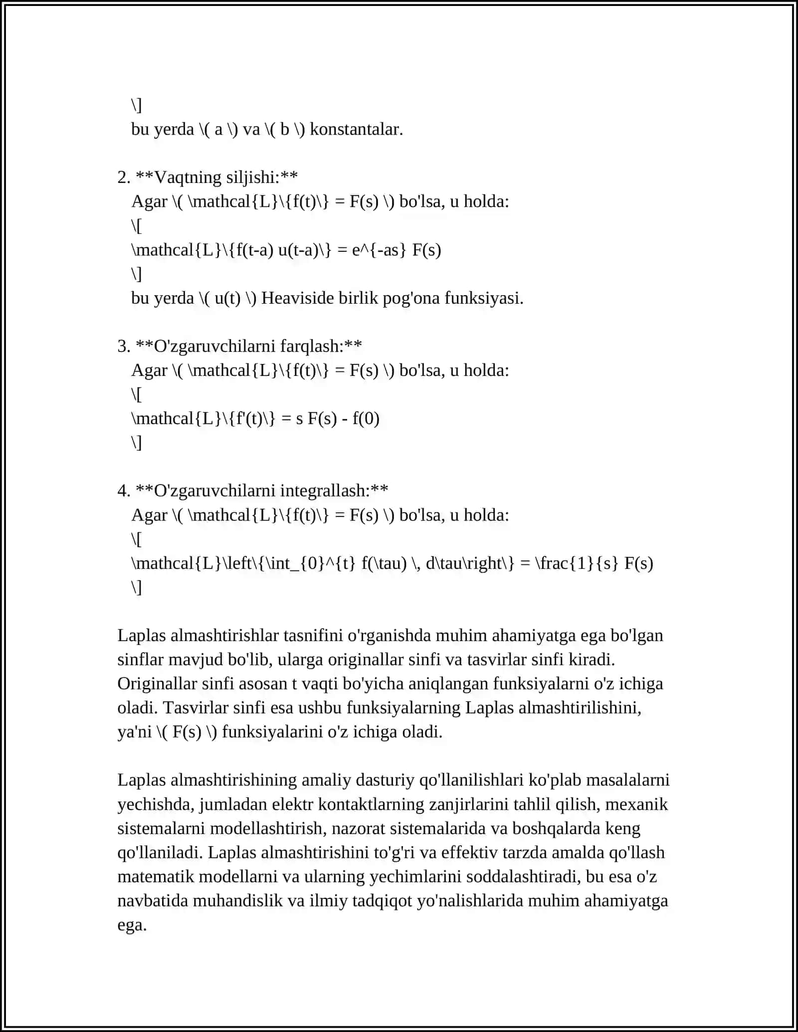 Laplas Almashtirishi - Mavzu: Laplas Almashtirishi, uning xossalari. Originallar sinfi. Tasvirlar sinfi 4