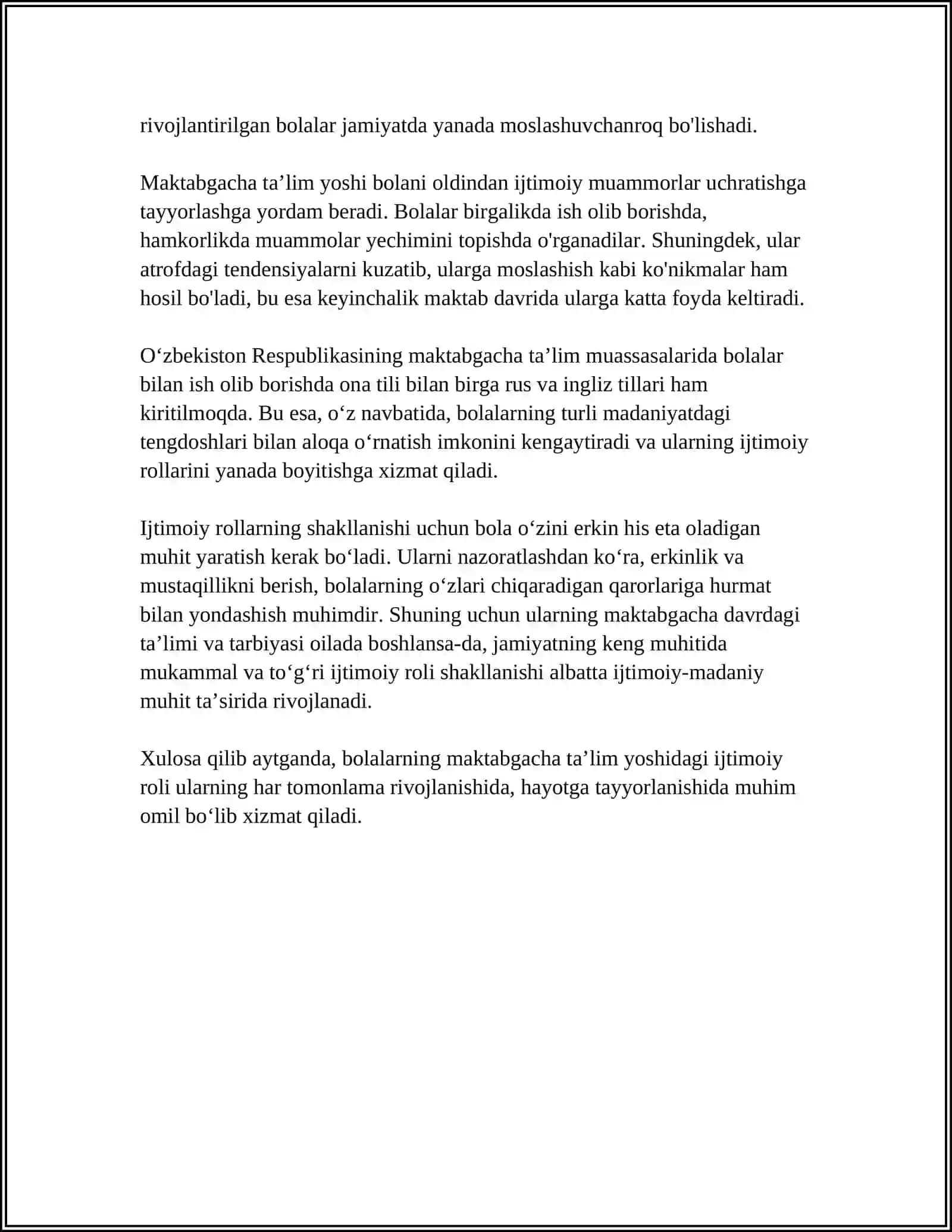 MUSTAQIL ISH Mavzu: Maktabgacha ta'lim yoshdagi bolalarning ijtimoiyalashuvi 4