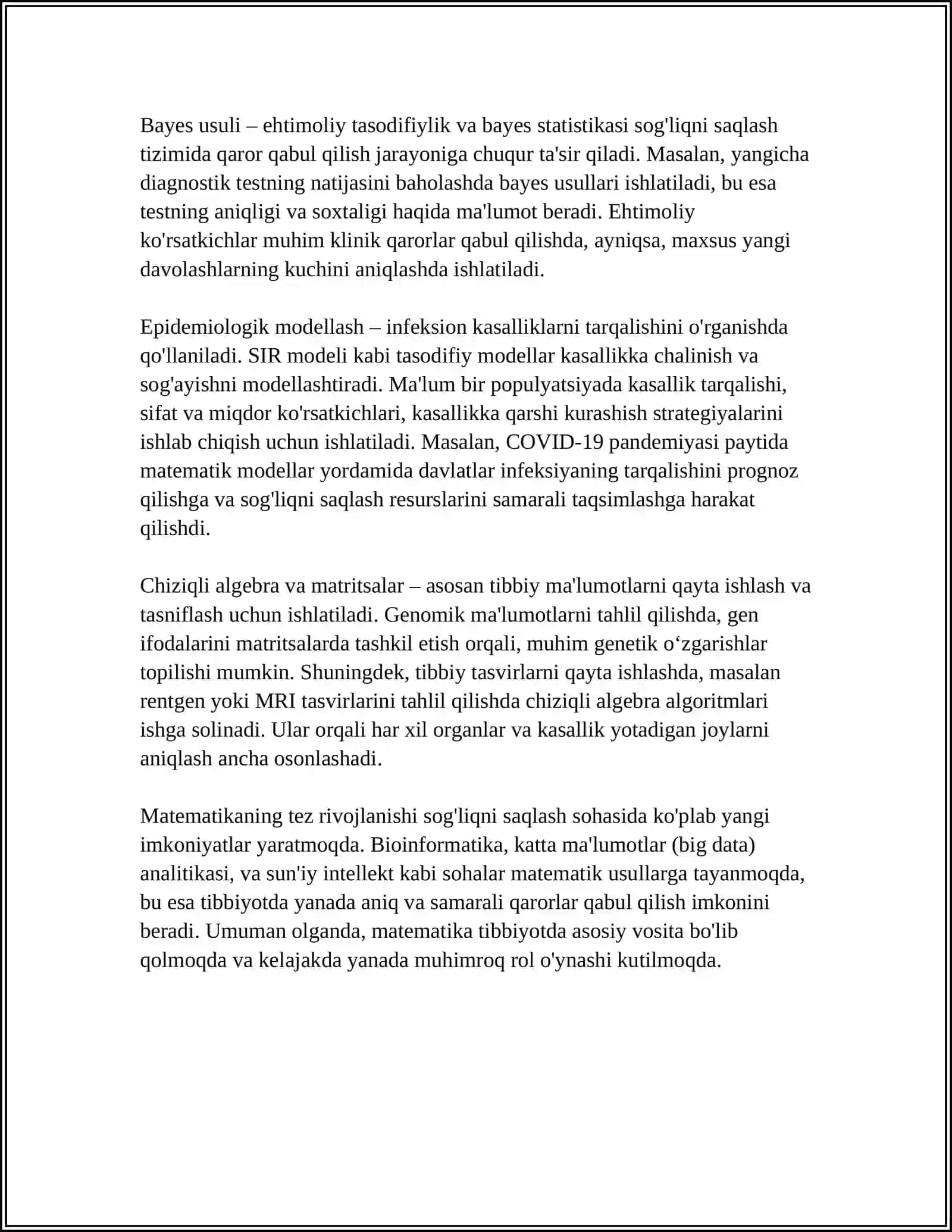 TIBBIYOTDA MATEMATIK MODELLASHTIRISH USLUBLARINI O’RGANISH. FIZIK MA MATEMATIK MODELLASHTIRISH, OLINGAN NATIJALAR ASOSIDA PROGNOZ QILISH 4