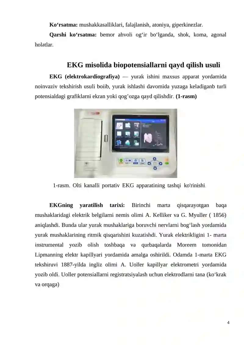Biopotensiallarni qayd qilishning fizik asoslari. Elektrokardiografiyaning fizik asoslarini o’rganish 4