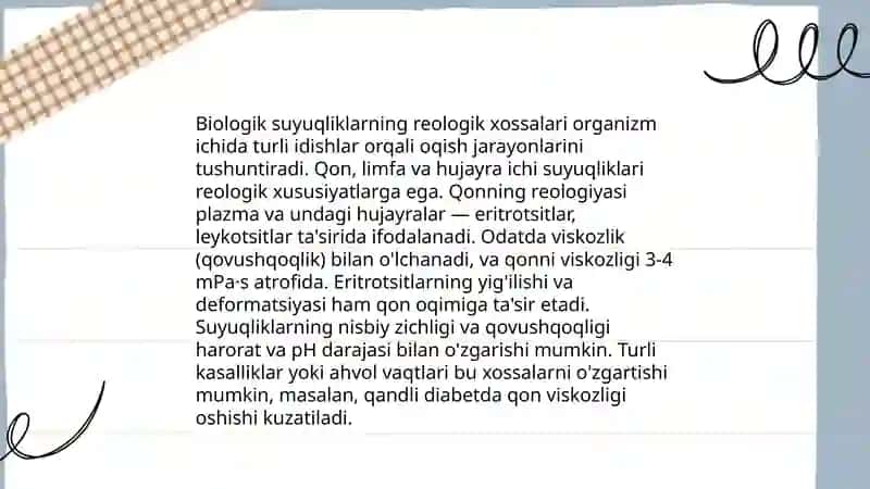 Bioreologiya. Biologik suyuqliklarning qovushqoqligi. Klinikada qovushqoqlikdan foydalanish 4