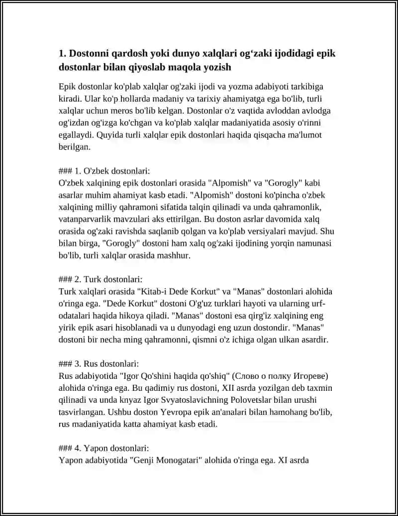FOLKLORDAGI MUAYYAN JANRNI QARDOSH YOKI DUNYO XALQLARI OGʻZAKI IJODIDAGI NAMUNALAR BILAN QIYOSLAB MAQOLA YOZISH 4