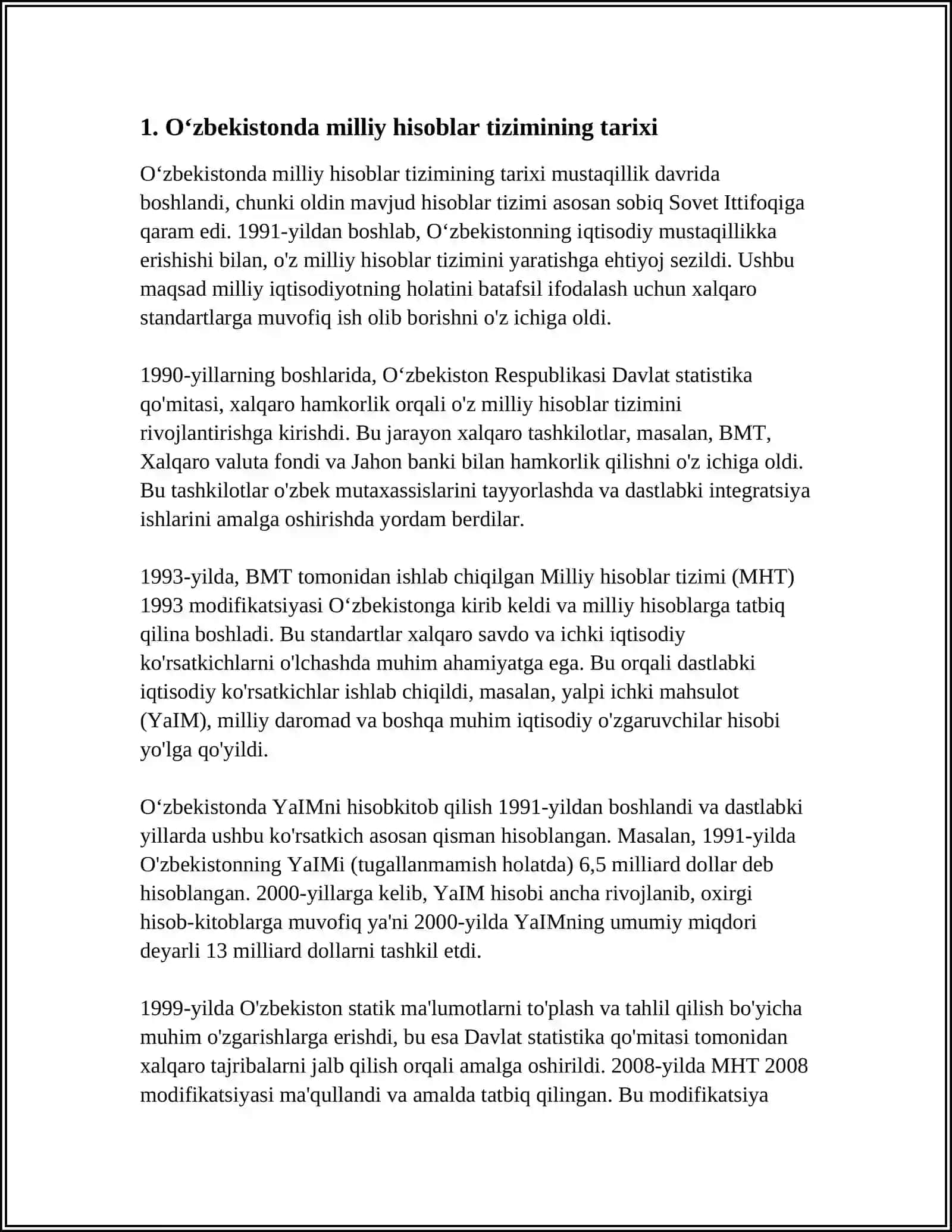 MUSTAQIL ISH Mavzu: OʻZBEKISTONDA MILLIY HISOBLAR TIZIMI, HOLATI VA ISTIQBOLLARI 4