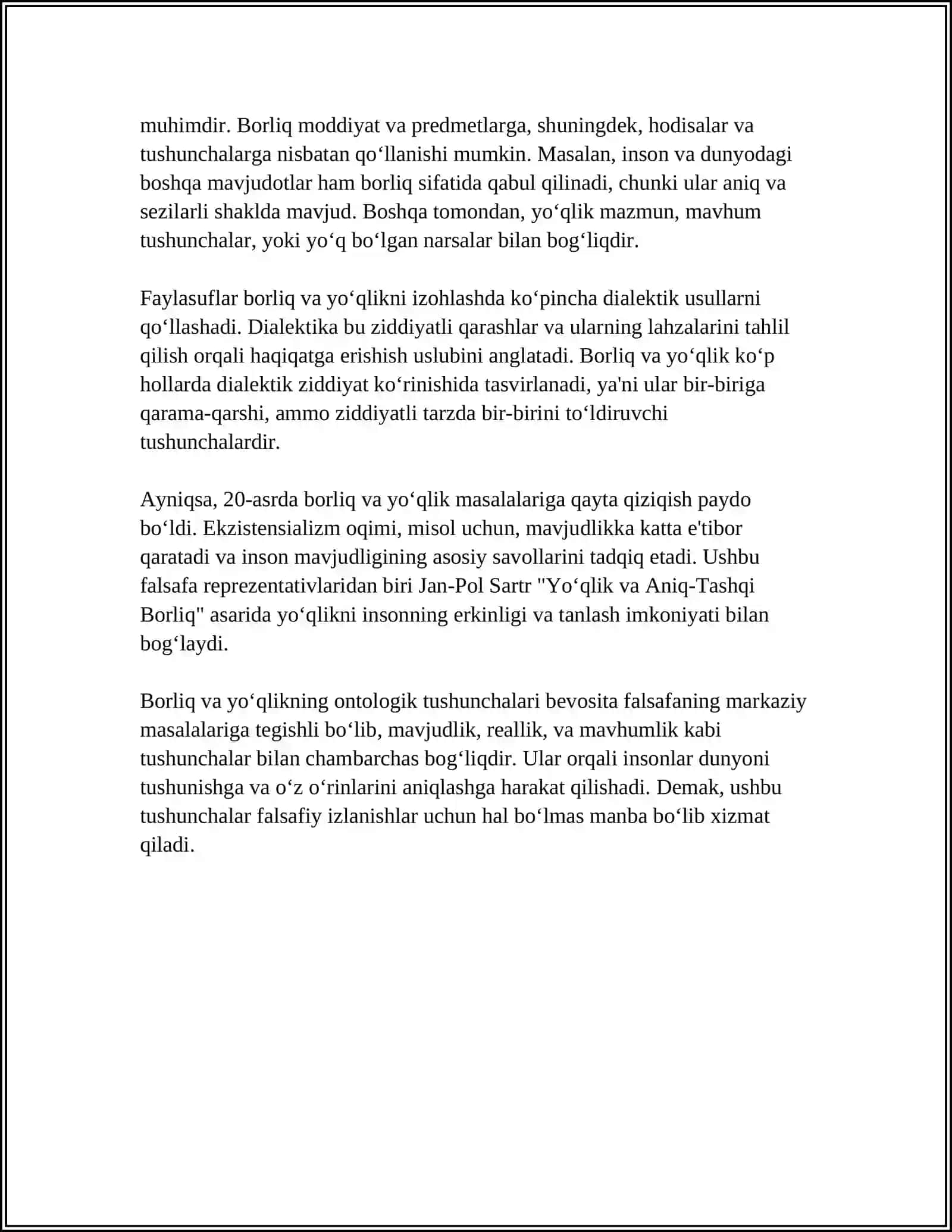 BORLIQ VA YO’QLIK,MAVJUDLIK VA REALLIK 4