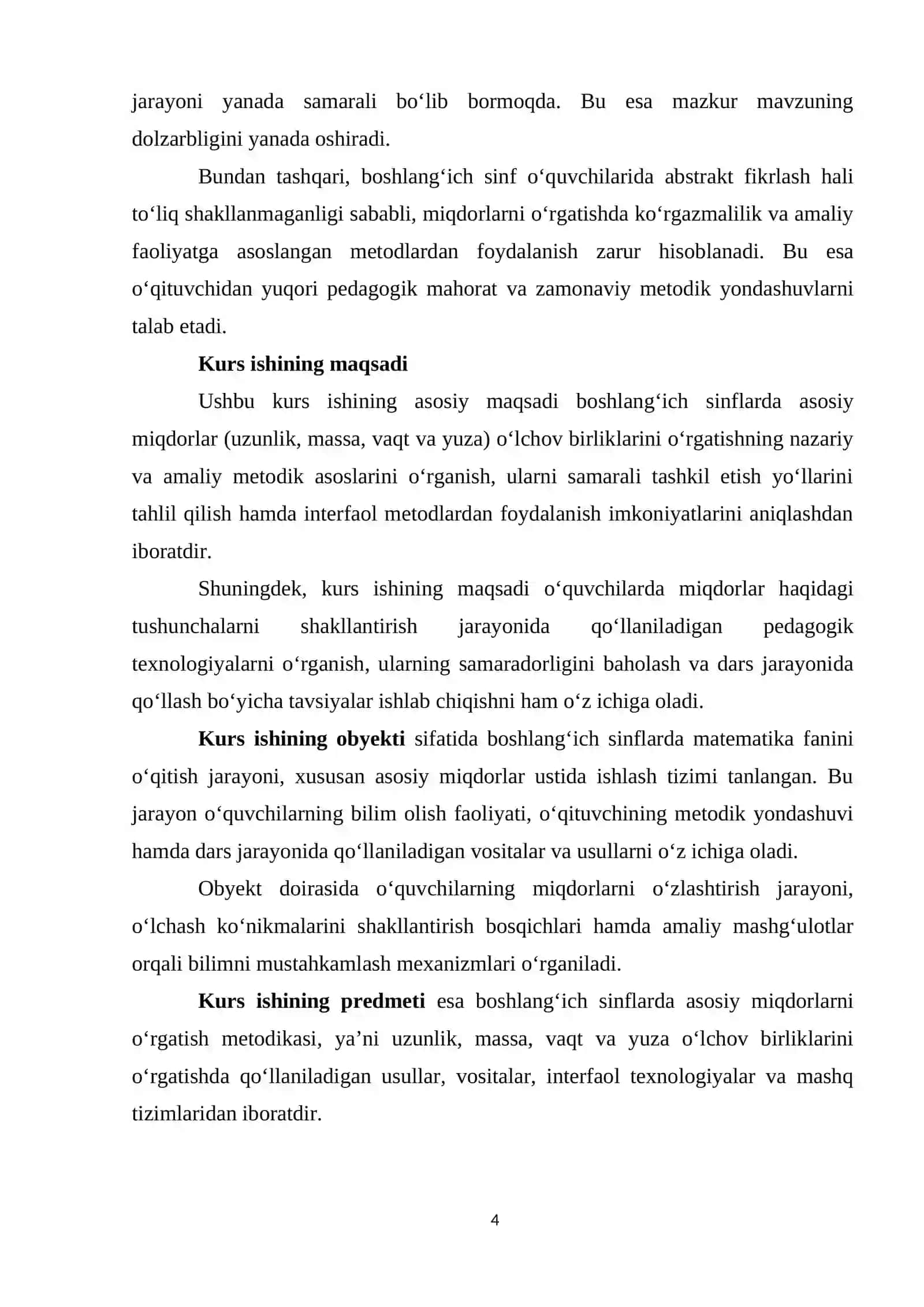 Asosiy miqdorlar ustida ishlash metodikasi. Massa (sig'im), uzunlik (masofa), vaqt va yuza o'lchov birliklarini o'rgatish metodikasi 4