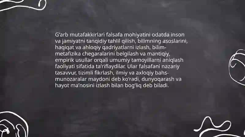 Falsafa mohiyatiga oid sharq va gʻarb mutafakkirlari tariflar tasniflash 4