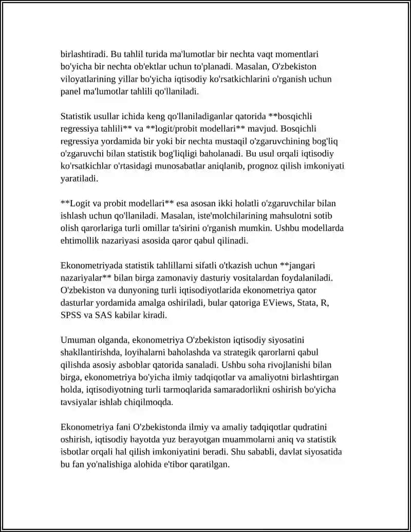 EKONOMETRIKANING PREDMETI,VAZIFALARI VA IQTISODIY TAHLILDAGI ORNI 4