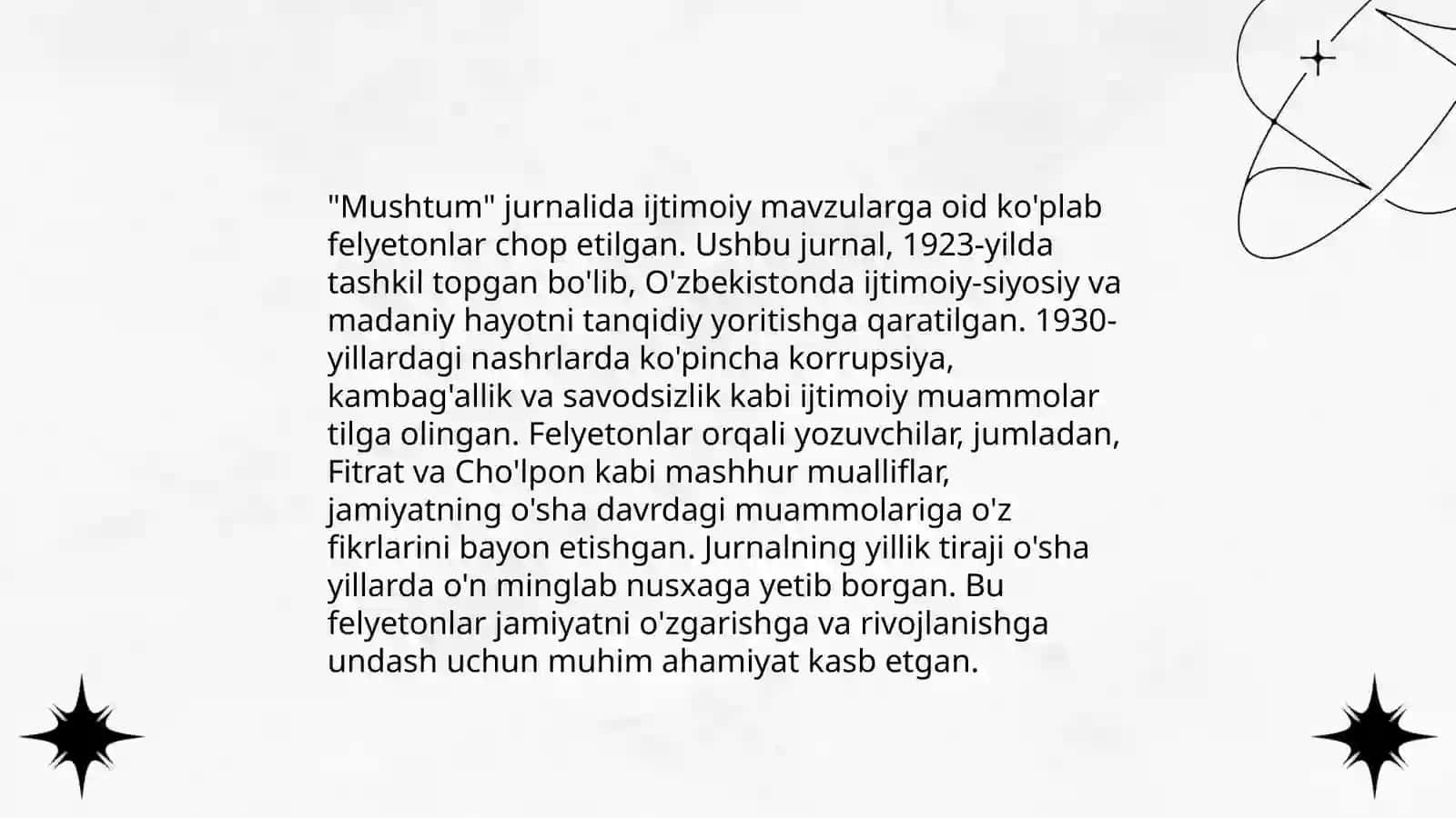 Mushtum jurnalidagi felyetonlarga taqrizlar yozib ber 4