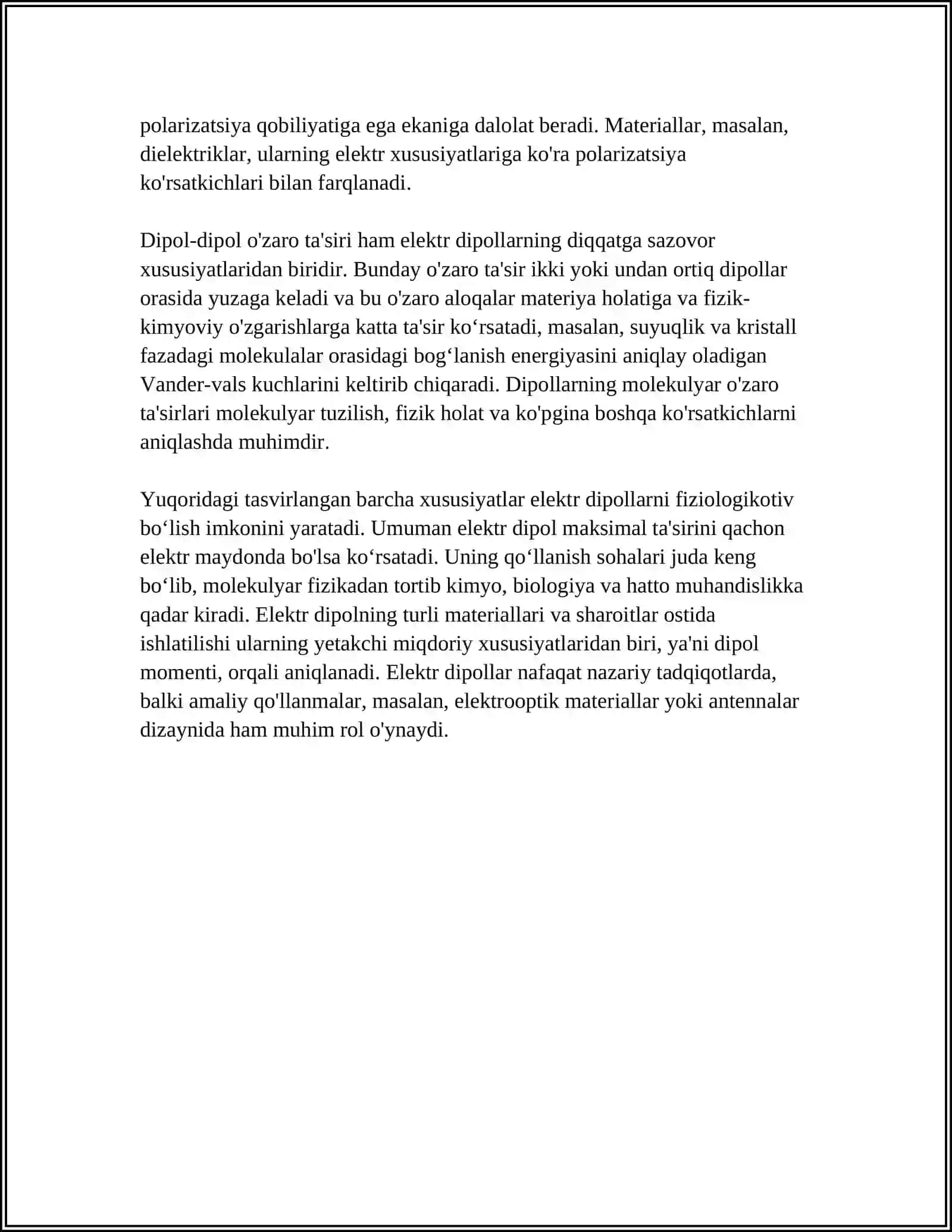 ELEKTR DIPOLI VA DIPOLLAR MAYDONI. DIELEKTRIKLARNING QUTUBLANISHI. ELEKKTR SILJISH VEKTORI. DIELEKTRIK SINGDIRUVCHANLIK. DIELEKTRIKLAR UCHUN ELEKTR OSTATIKANING ASOSIY TENGLAMALARI 4