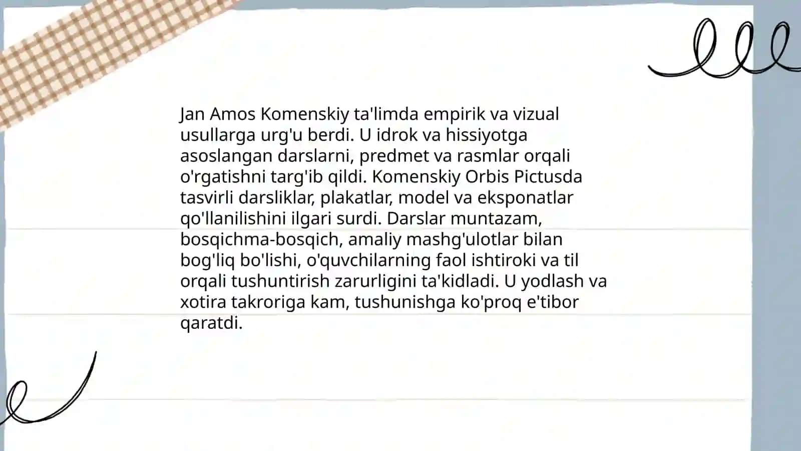 Y.A. Komenskiy pedogokik tizimi. L. N. Tolstoyning pedogokik qarashlari. K. D. Ushinskiy pedogokika fani va tarbiyaning ahamiyati toʻgʻrisida 4