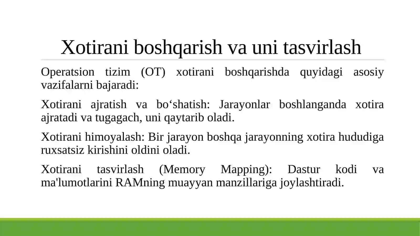Operatsion tizimlarda xotirani boshqarish. Xotira va uni tasvirlash, virtual adres makoni 4