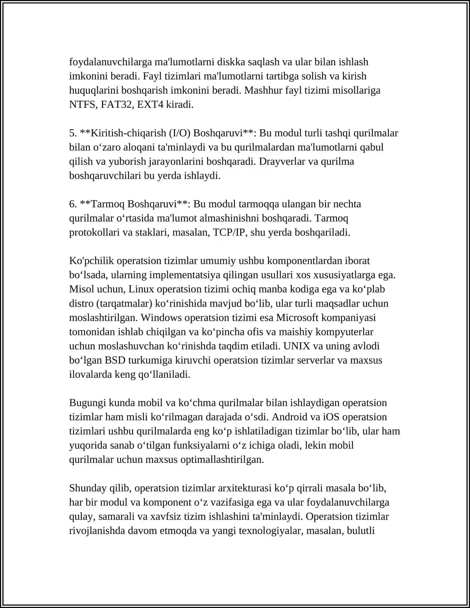 OPERATSION TIZIMLARDA MA'LUMOTLARNI KIRITISH CHIQARISH TIZIM XAVFSIZLIGI, KOMPYUTER TARMOG'INI TASHKIL QILISH 4