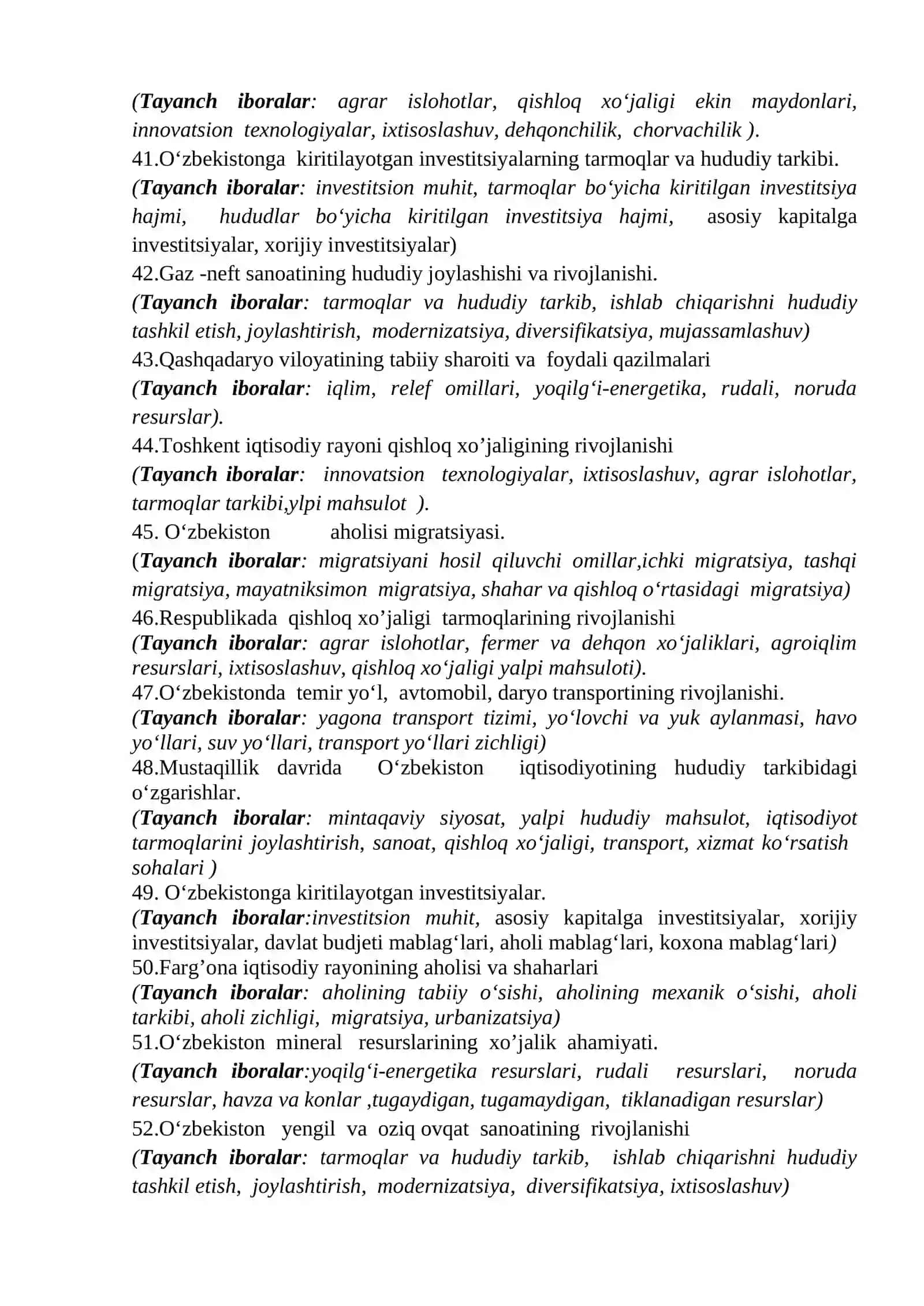 O‘zbekiston geografiyasi fanidan yakuniy nazorat savollari 4