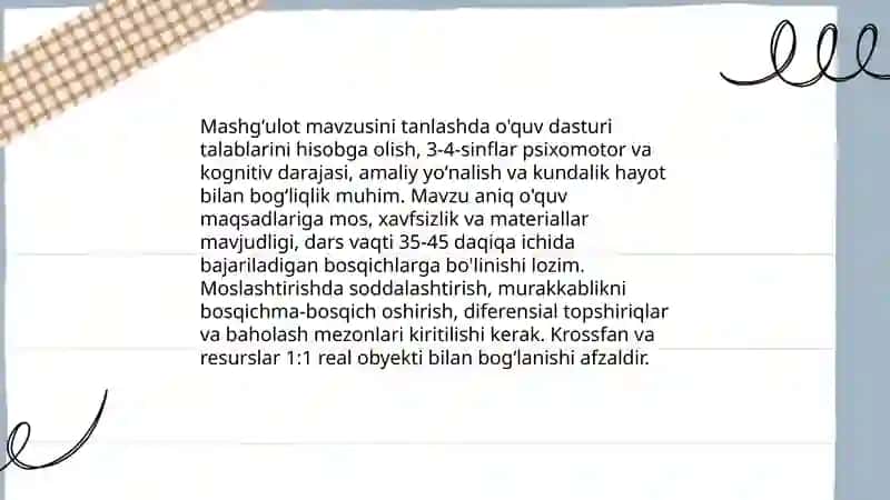Boshlangʻich sinf Texnologiya ta'limi darslarida (3-4-sinflar uchun) mashg’ulot ishlanmasini tayyorlash 4