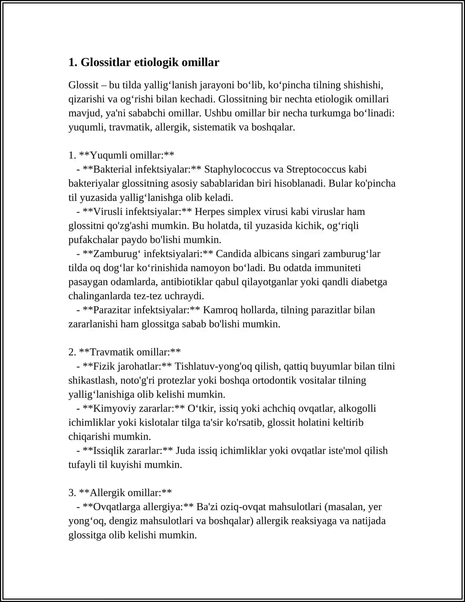 GLOSSITLAR. ETIOLOGIK OMILLAR. PATOGENEZ. KLINIKA. QIYOSIY TASHXISLASH 4